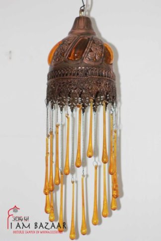 Antieke hanglamp geel glas met glazen druppels
