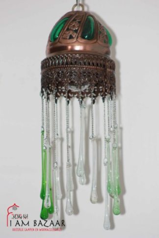 Antieke hanglamp groen glas met glazen druppels